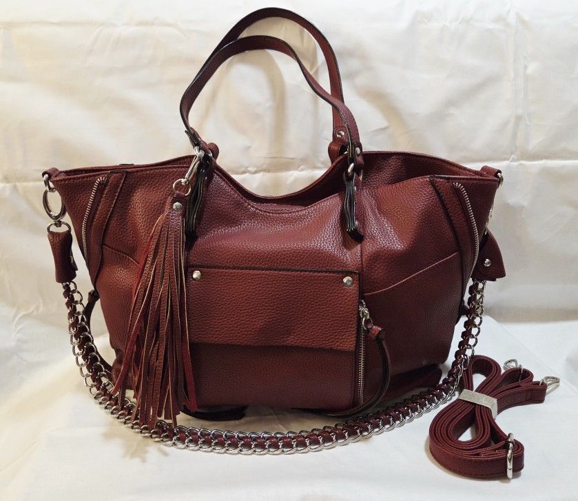 NEW! Extra Large 18" x 13" from Wilsons Leather 'Black Rivet' Shoulder Purse Tote with 2 extra Straps, Deep Red (Brand NEW/No Tags)