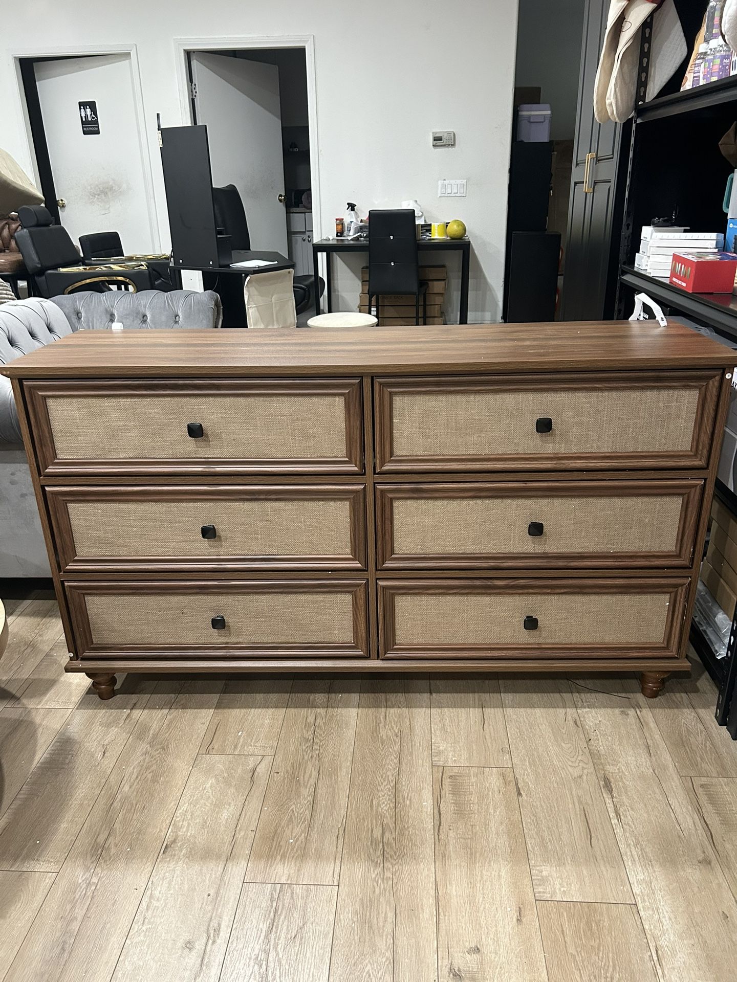 55”Weselon 6 Drawer Rattan Dresser Modern Dresser with Rattan Drawers Farmhouse Wood Storage Chest of Drawers for Bedroom,Walnut