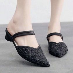 Women's High Heels, Casual Rose Design Semi-Slip Flat Pointed Toe Fashionable Black Elegant Style Waterproof Spring Summer Chunky Heels Women's Sandal