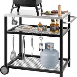 Stainless Steel Grill Cart Pizza Oven Stand Trolley Table with Wheels Pizza Cart Three-Shelf Movable Food Prep Work Dining Table with Double-Shelf Hea
