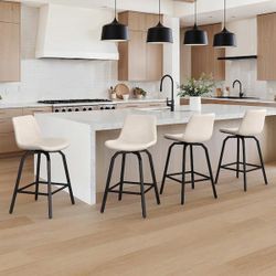 4 Pcs Set Of 26”Faux Leather Bar Stools Metal Frame With Upholstered Swivel Counter Height Bar Stools in Ivory