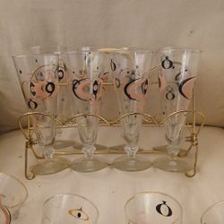 Rare Vintage Mid-century Atomic Pink Black Gold 10 Piece Glass Set With Holder