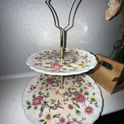 two tiered floral gold tray 