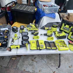 Ryobi Tool Lot, 15 Units w 9 Batteries And Drills
