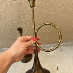 3 vintage-style brass trumpet candlestick holder