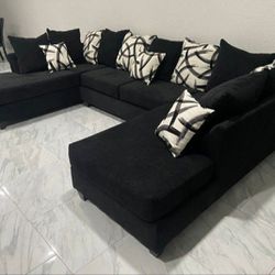 New Black Dbl Chaise Sectional With Free Delivery 