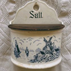 Antique Blue And White Windmill Salt Box