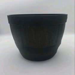 Set of 2 Black Plastic Barrel Style Round Flower Pots 10in x 7in Medium