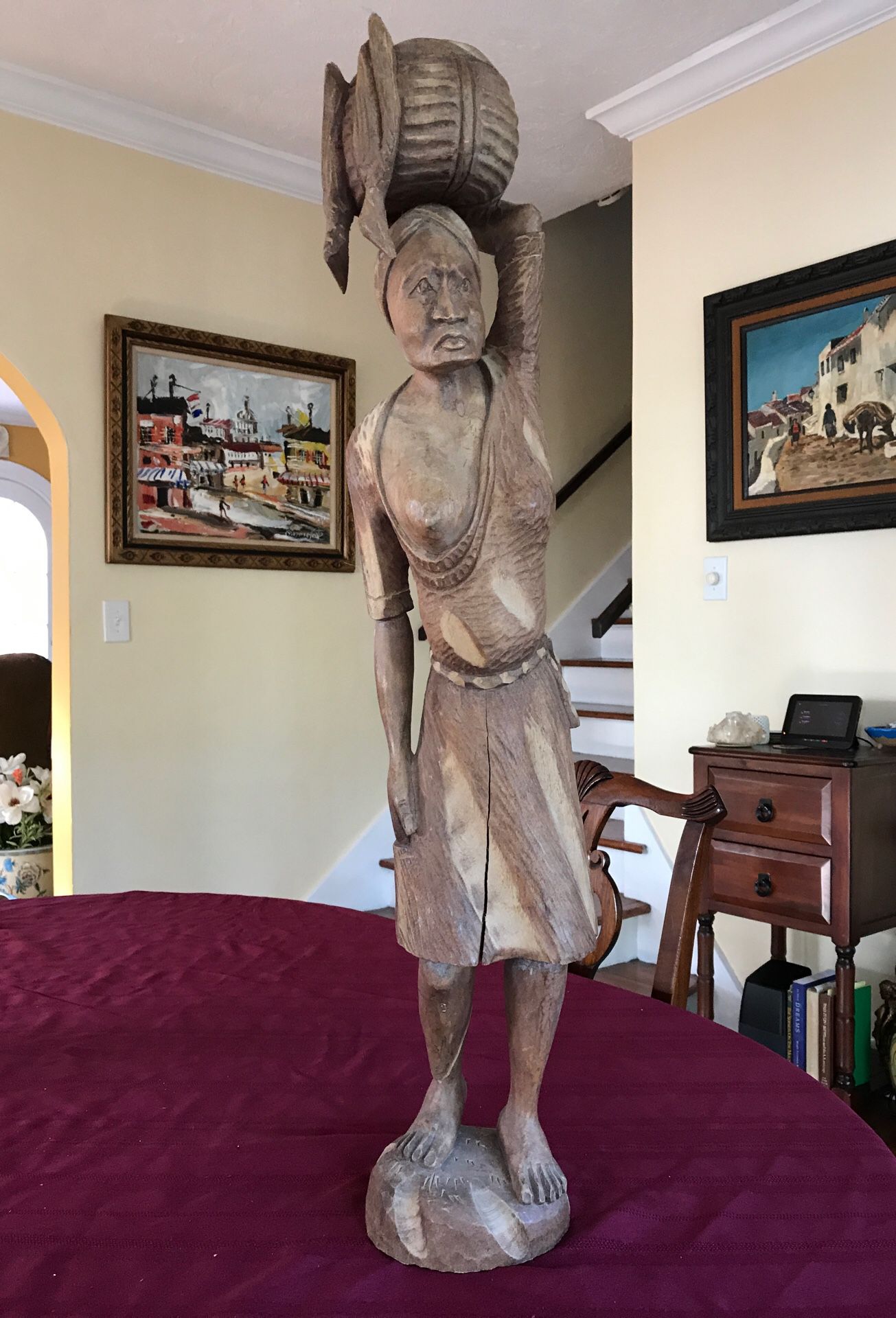 Lovely tall uniquely far wood Woman statue more than 30 inches tall