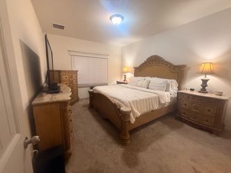 Moving sale- (open to sell separately) King Bedroom Set w/ Genuine Marble Tops + Matching Lamps