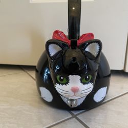 Vintage 1995 Via Ancona Metal Whistling Cat Teapot With Bell Collar and Red Bow