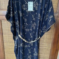 NWT!  Indya Dark Blue & Gold foil sheer DRESS KAFTAN KURTA + Belt. OS Up To XXL.