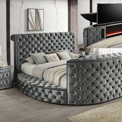 New Tufted Round Bed W Fireplace / TV Stand.  Free Delivery!