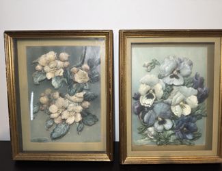 Set of 2 Vintage 3D Paper Tole Art Floral Pictures by M. Colontelo (1981)