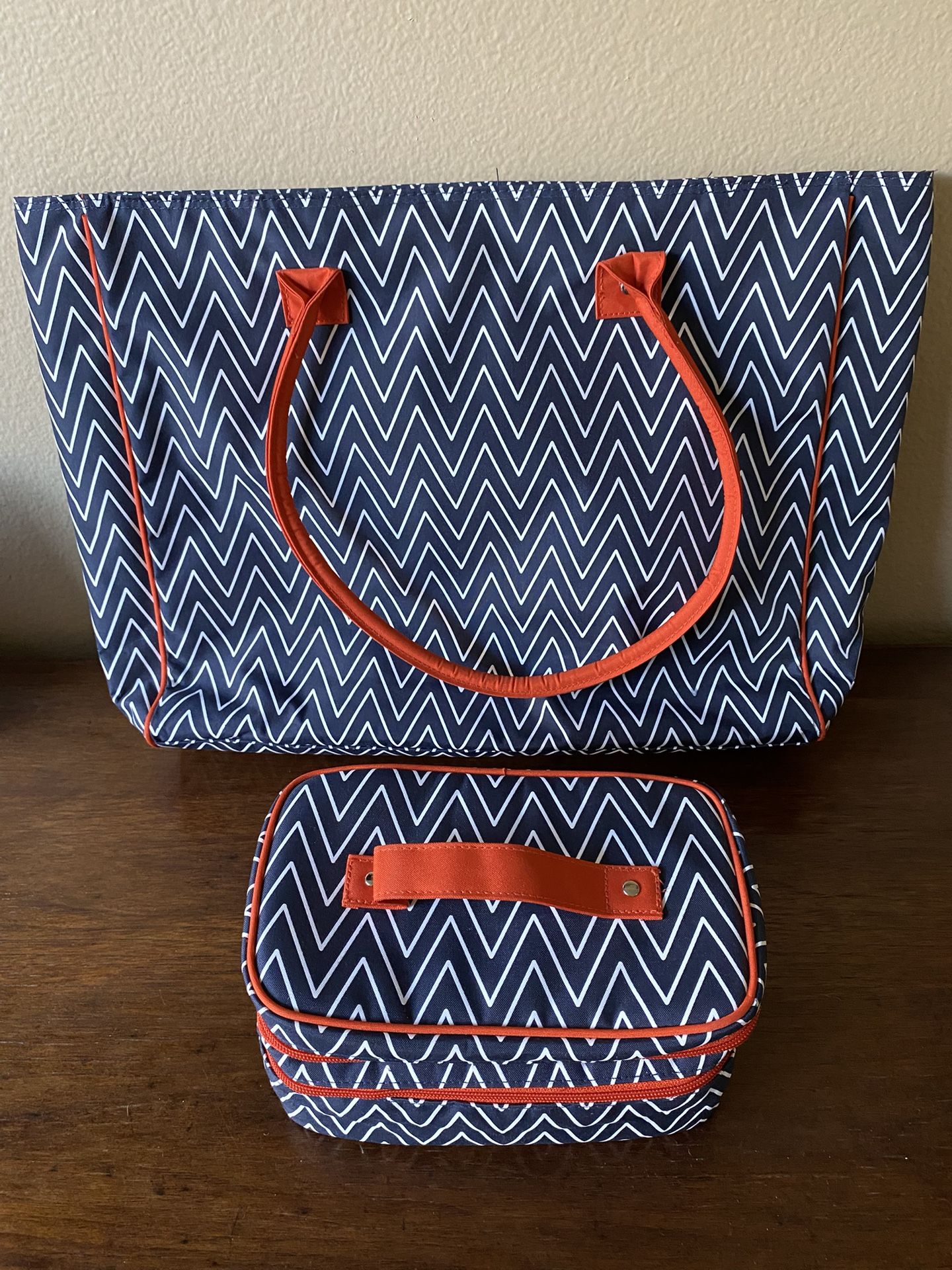 💼 💄 Like-New 3-Piece Milano Series Zippered Tote Bag & 2 Toiletry Bags Navy Blue & Orange