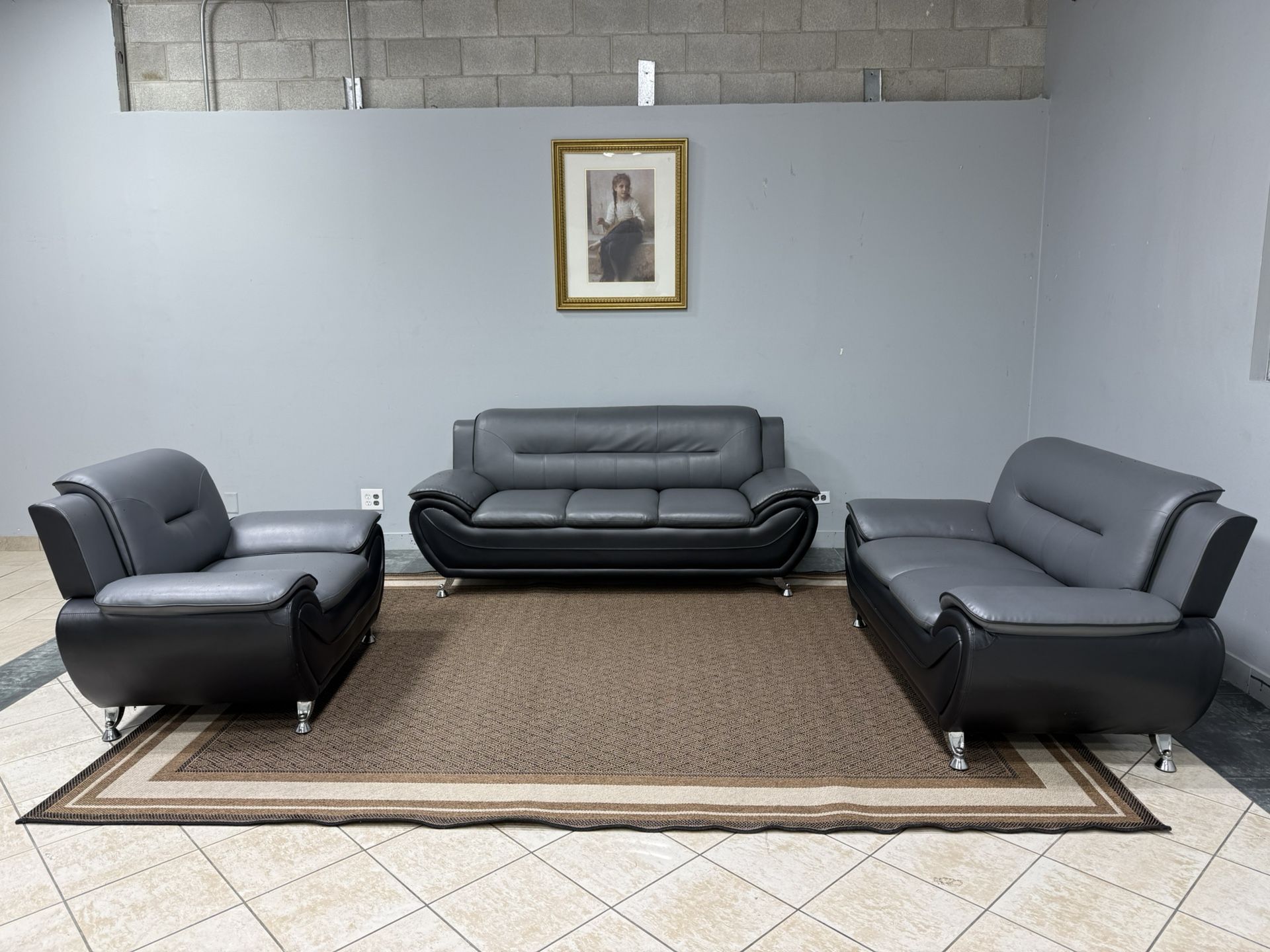 Modern 3-Piece Leather Sofa Set – Gray & Black – Free Curbside Delivery