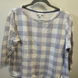 J.Jill   Knit Top  NWOT  Boat-Neck Side-Zip Knit Top  Blue Gray & White Size Large