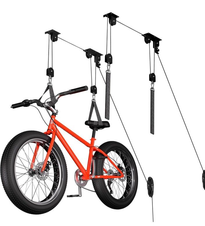 2 Pack Bike Hoist, Heavy Duty Ebike Lift Pulley System for Garage Ceiling Overhead Storage for Bicycle, Ladders, Snowboard, Holds Up to 85 lbs Capacit