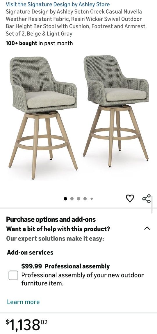 Signature Design by Ashley Seton Creek
Casual Nuvella Weather Resistant Fabric, Resin Wicker Swivel Outdoor Bar Height Bar Stool Set Of 2