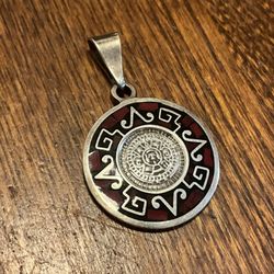 Sterling Silver, Aztec Calendar, Pendant, Red and Black Inlaid  Stones