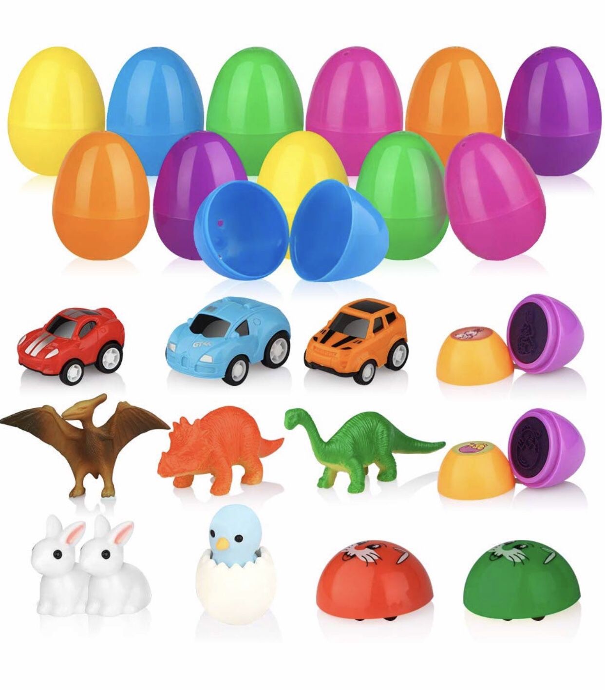Baztoy Easter Eggs Plastic Bulk Easter Toy Gifts Party Favor Filler with Surprise Mini Toys contain Dinosaurs Vehicles Rabbits Stampers and Nestling,