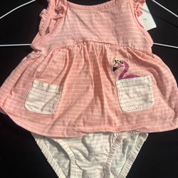 Carter’s Pink Flamingo Dress Bodysuit 6M Ruffle Sleeve Summer One Piece Outfit