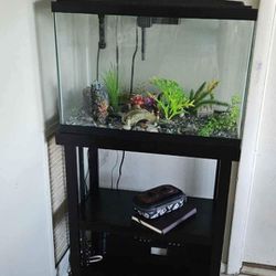 Aqueon fish tank 10 gallons with table and accessories and lights.