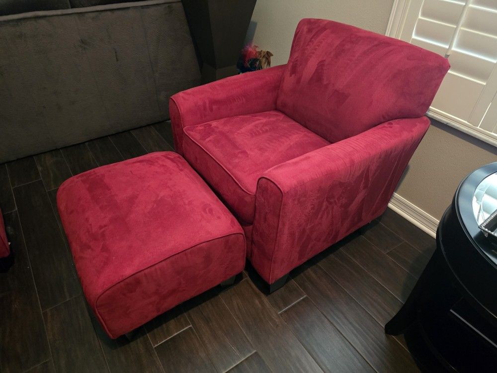 Red Velour Chair & Ottoman