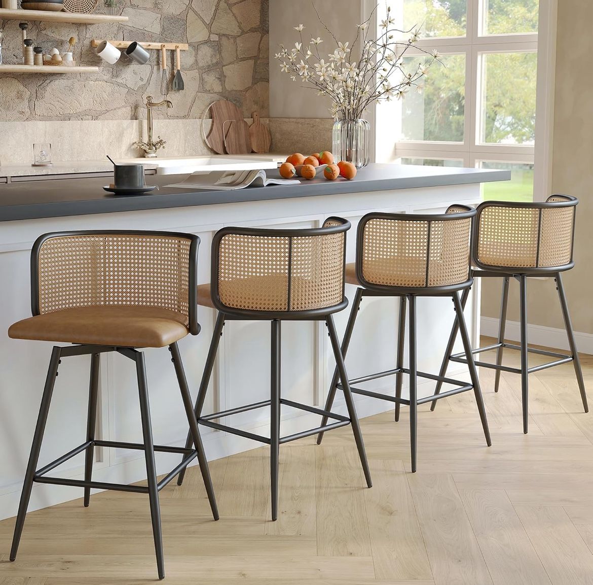 Swivel Rattan Bar Stools Set of 4, 26” Counter Height Stools with Natural Rattan Woven Back and Faux Leather Seat, Mid-Century Modern Island Chairs Ba