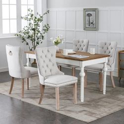 Dining Chair Set of 4, White Upholstered Velvet High-end Tufted Dining Room Chair with Nailhead Back Ring Pull Trim Solid Wood Legs,NEW 
