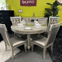 Beautiful 5 Piece Dining Set With Faux Crystal Accents Chairs Have A Faux Crystal Tufting Table Has A Glass Table Top Firm Price $680 Financing Availa