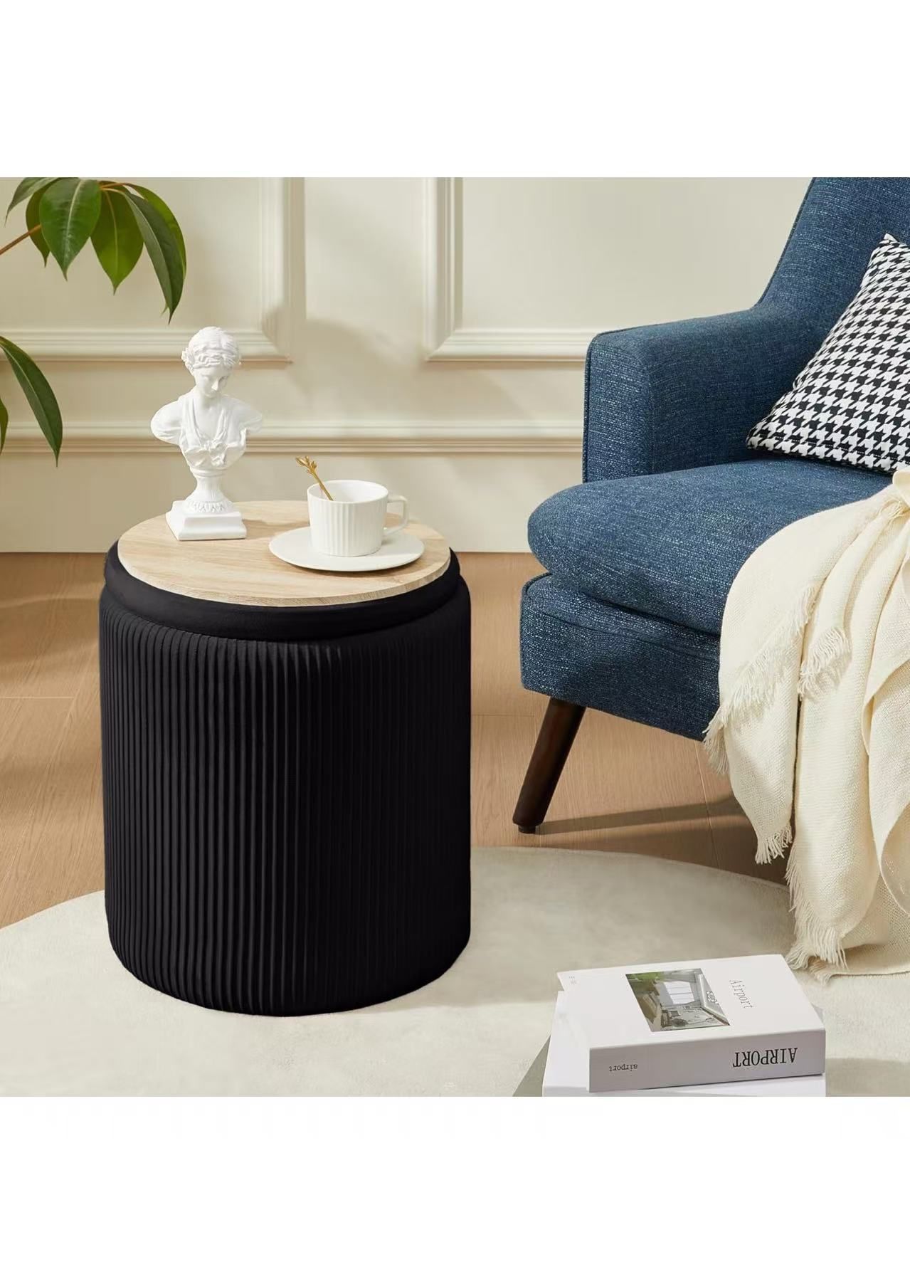 Round Black Ottoman with Storage Set of 2 Multifunctional Upholstered Velvet Makeup Vanity Stool Chair Support 300lbs Modern Ottoman Coffee Table for