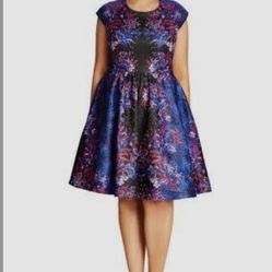 Spice up your wardrobe with this deep-hued City Chic dress that combines contrasting elements of Baroque texture and contemporary detailing.