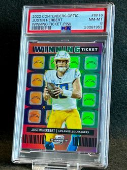 2022 Contenders Optic ⚡️ Justin Herbert ⚡️ Winning Ticket-Pink 70/75 PSA 8 NM-MT 💎 - Los Angeles Chargers