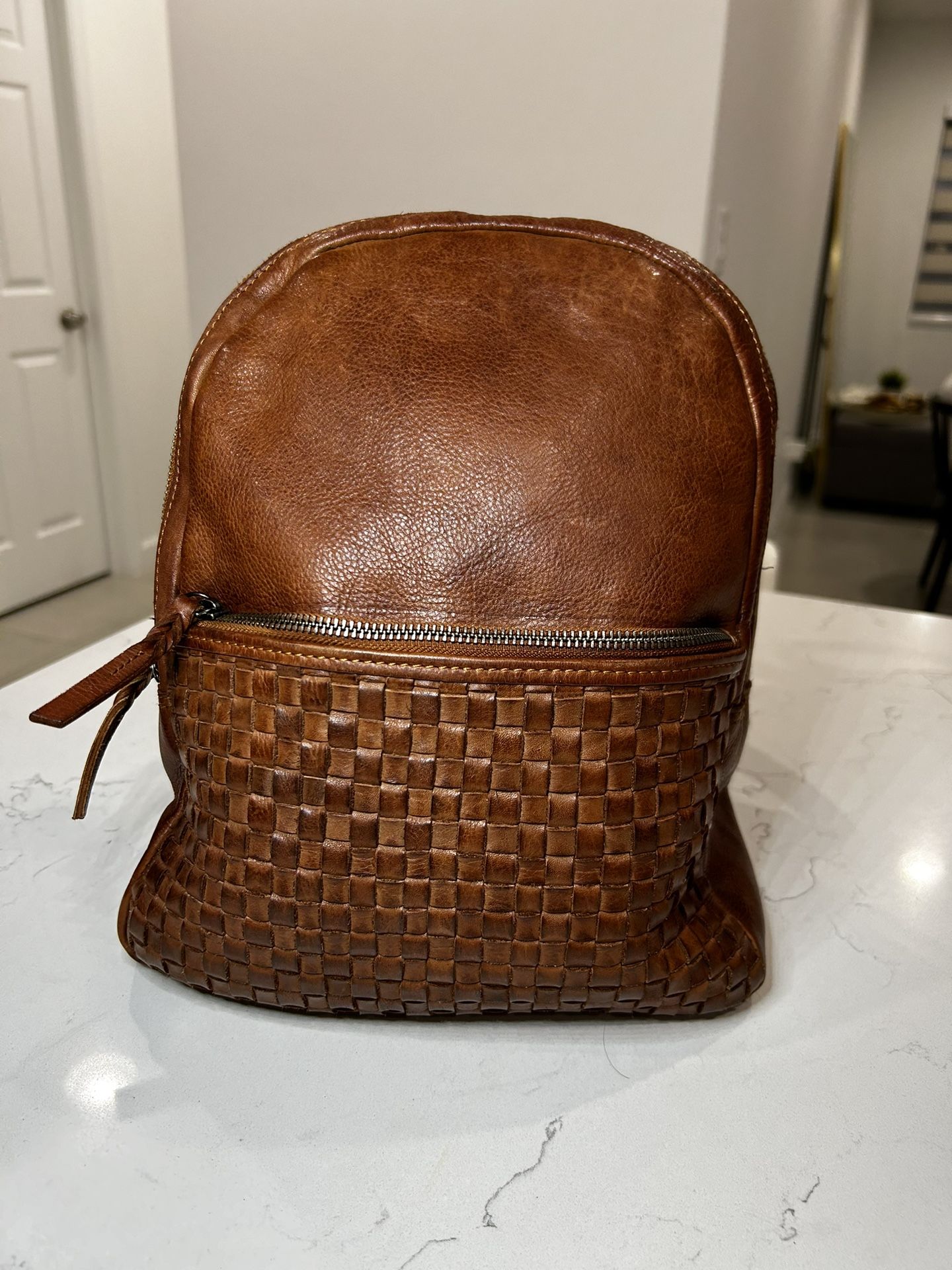  Vilenca Holland Woven Leather Purse Backpack Bag Chestnut Cognac Panel Dual Zip Vintage