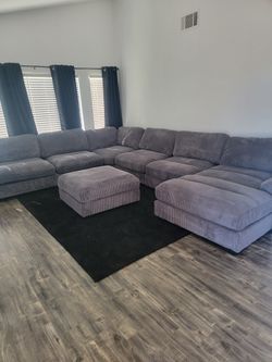 New 7 Piece Corduroy Sectional.  Grey / Beige.  127x164x66.  Free Delivery!