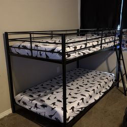 Black metal low profile twin bunk beds