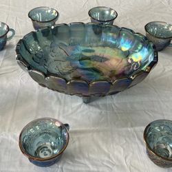 Vintage Indiana Harvest Grape Carnival Glass Bowl & 10 Cup Set. Iridescent Blue