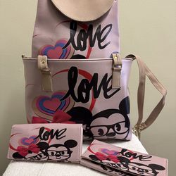 New! $35, 4 pcs Pink/Mauve, Fun, Character, Minnie Mouse bags set. 1-back pack, 1- shoulder bag and 2-wallet.  