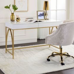 Brand New White High Gloss/Gold Writing Desk with Arched Leg Design