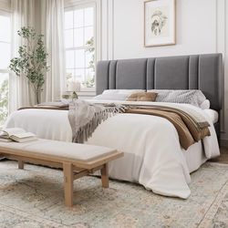King Size Velvet Bed Frame with Adjustable Headboard, Grey