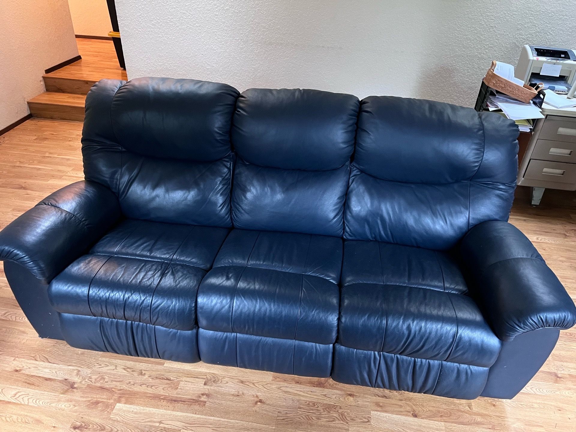 Navy Blue Reclining Leather Sofa – Dual Recliners