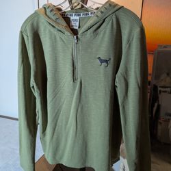 Victoria's Secret PINK Army Green Quarter-Zip Hooded Jacket Sweater S is ze Medium 