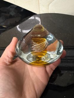 Vintage MCM 1968 Blenco Art Glass Paperweight Amber Swirl Encased in Clear Glass