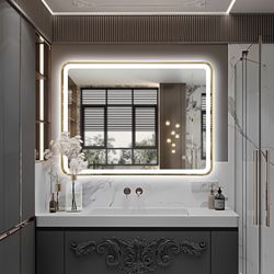 TheiaMo Rectangle LED Bathroom Mirror, 40"x30" Anti-Fog Double Touch Lighted Wall Vanity Mirror 45° Beveled Metal Frame Stepless Adjustable Color Temp