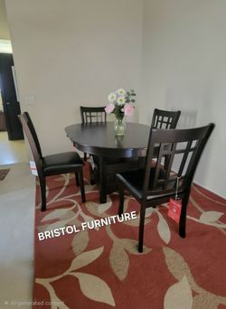 🎲 Round Oval Dining Set 5 Pc. Extension Leaf, Espresso, Black Leather, Storage, New in the Box.