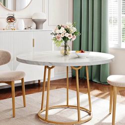 47” Round White Marble-Look Dining Table with Gold Base – Modern Kitchen Table