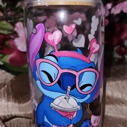 STITCH VALENTINES GLASS CUP WITH GLASS STRAW