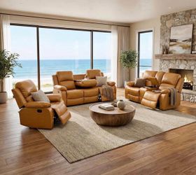 Caramel light brown leather fully reclining couch set