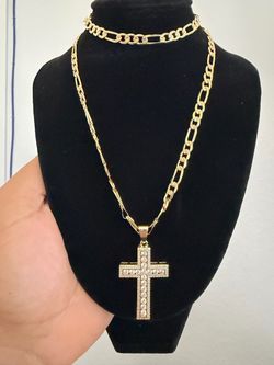 Gold Figaro Chain Necklace with Crystal Cross Pendant